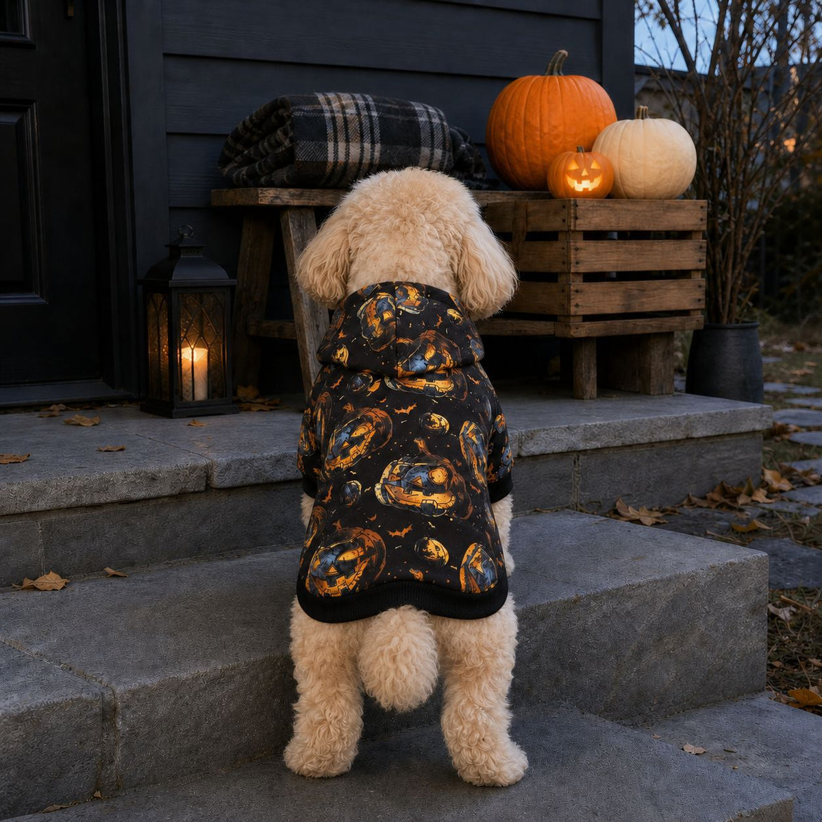 Chandail à capuchon Halloween citrouille et sorcier pour chien et chat